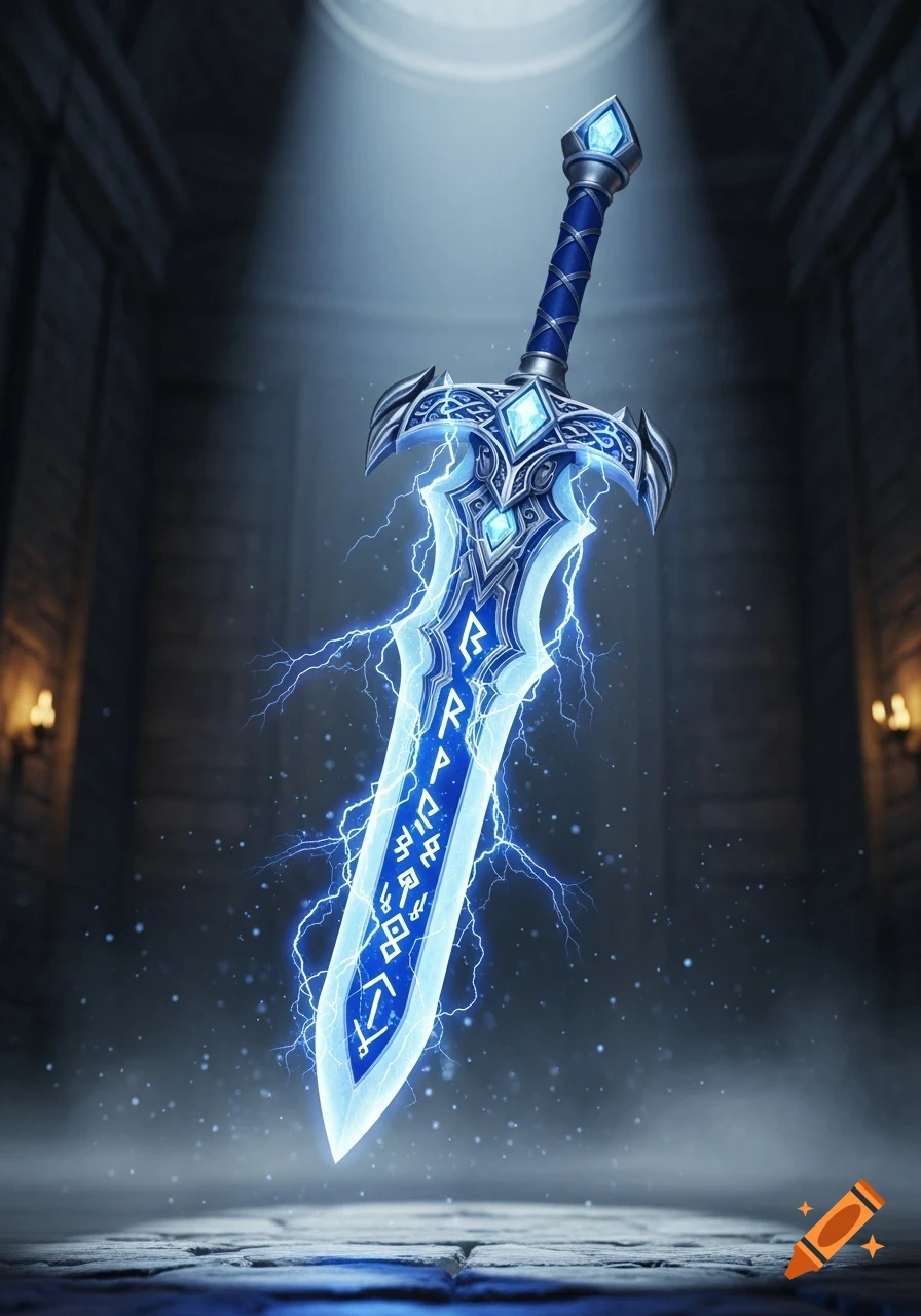 A glowing blue electric fantasy sword with runes on its blade, floating in a dimly lit stone chamber with light rays.