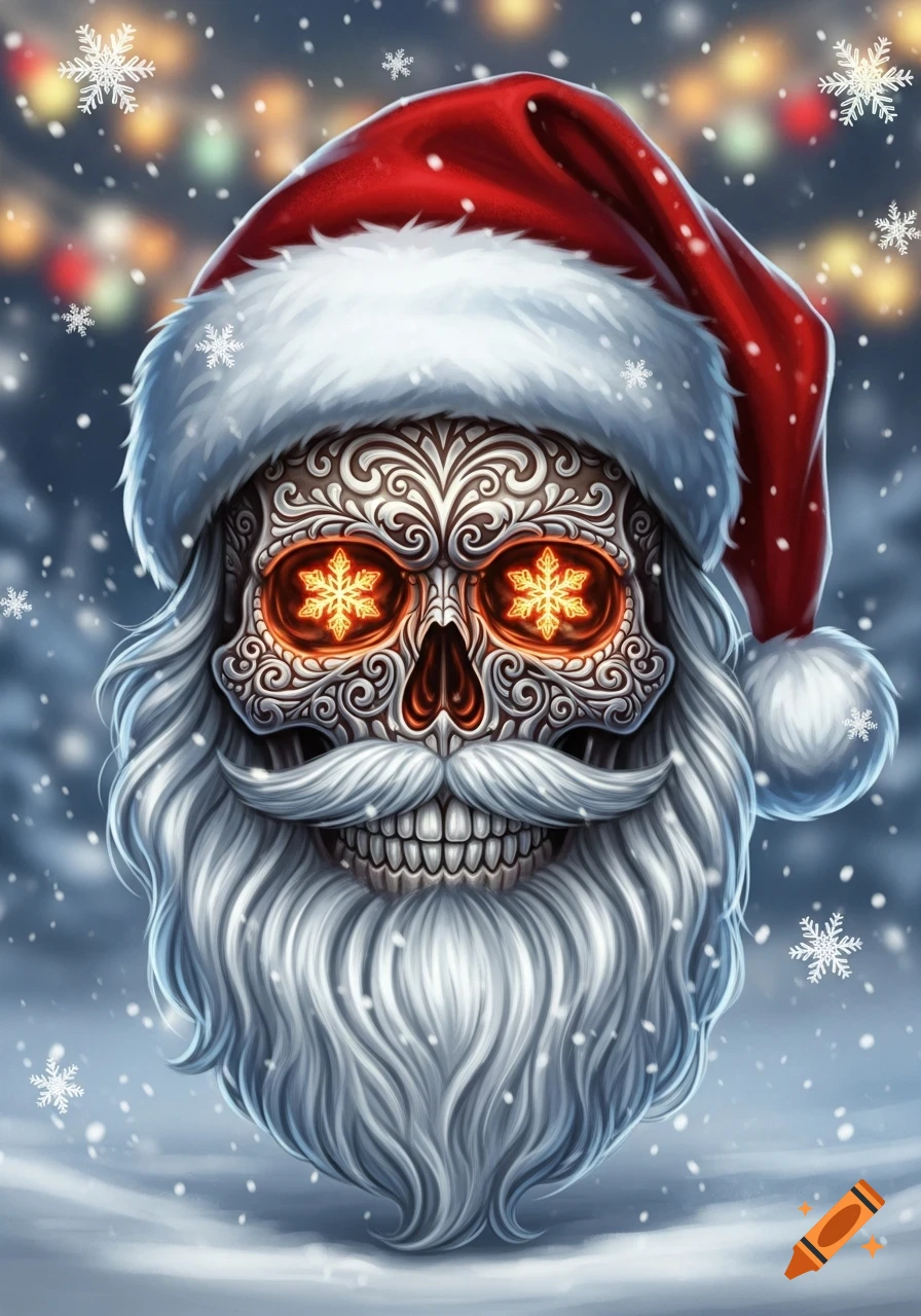 A stylized skull wearing a Santa hat and a long white beard, with glowing snowflake eyes, surrounded by falling snow and blurry Christmas lights.