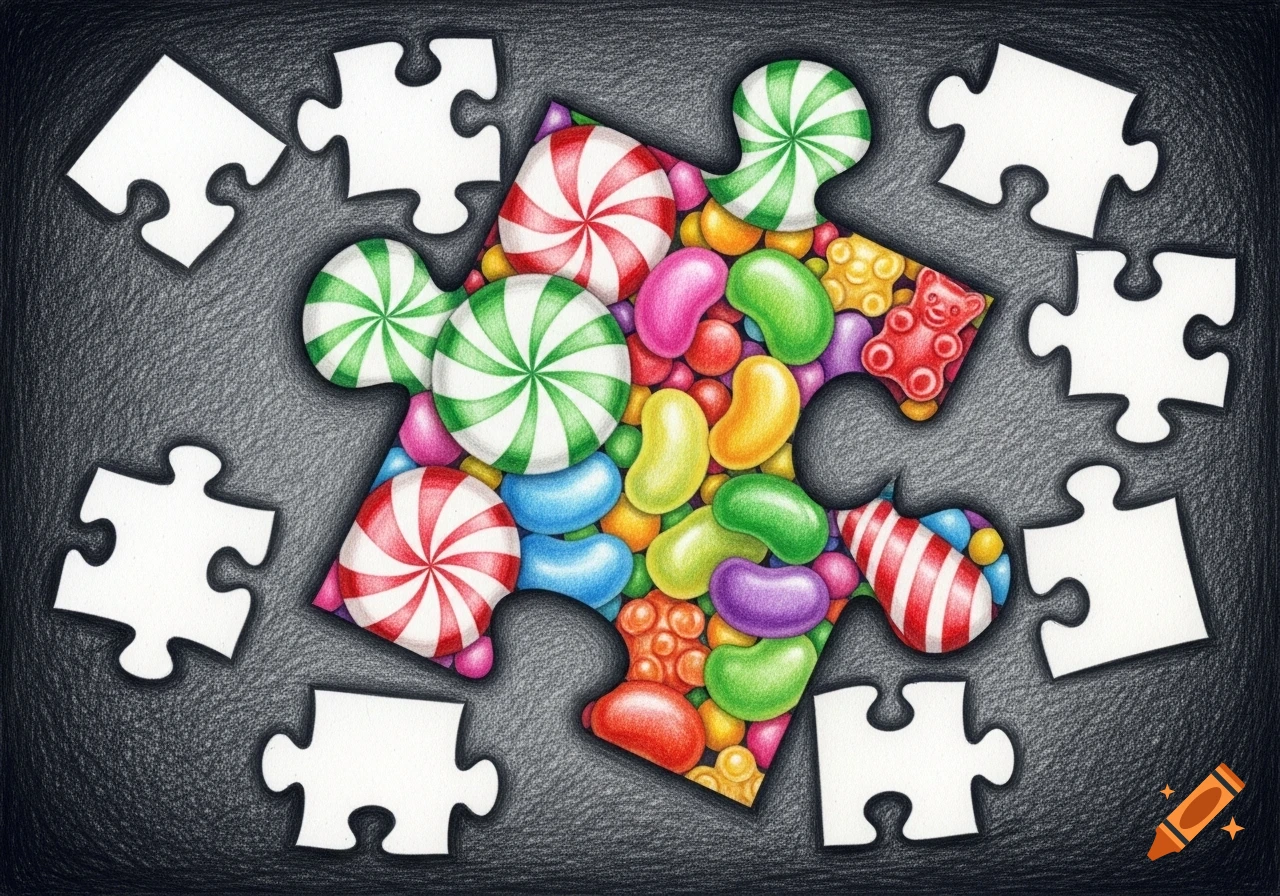 A vibrant colored pencil drawing of a large puzzle piece filled with assorted candies, surrounded by smaller white puzzle pieces on a dark textured background.