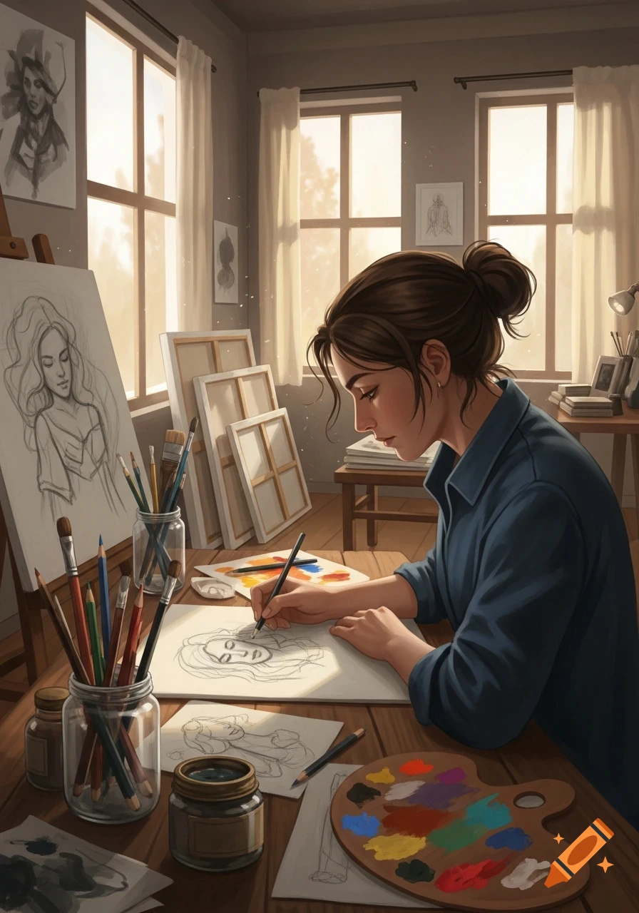 An illustrated woman sketches a portrait at a desk in an art studio, surrounded by art supplies and sunlit windows.
