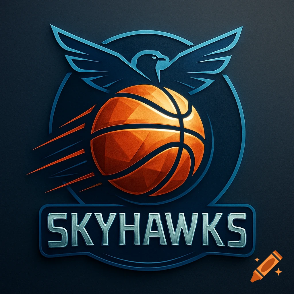 Stylized blue and orange basketball team logo featuring a soaring hawk above a textured basketball and the name SKYHAWKS.