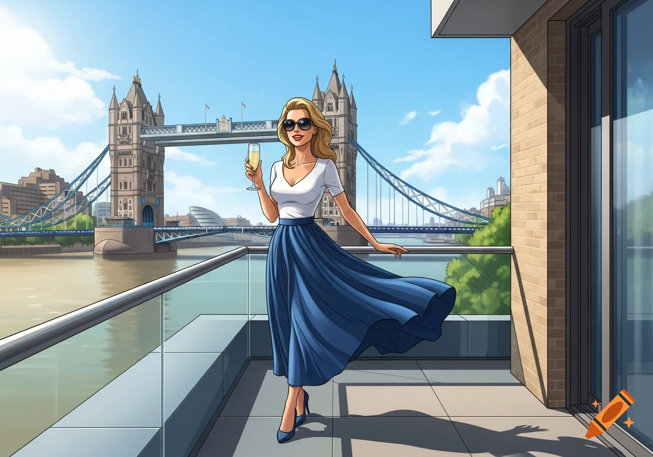 Illustrated portrait of a smiling blonde woman in a white top and blue skirt, holding champagne on a sunny balcony overlooking London's Tower Bridge.