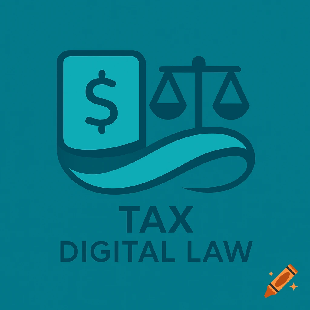 A modern, flat-style logo featuring a dollar sign on a curved screen next to scales of justice, with the text "TAX DIGITAL LAW" below, all in petrol blue tones.