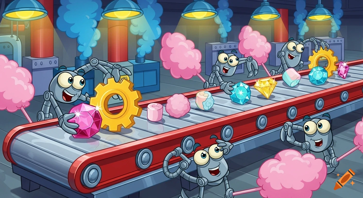 Cartoon robots on a factory conveyor belt, moving colorful gems and pink cotton candy-like objects.