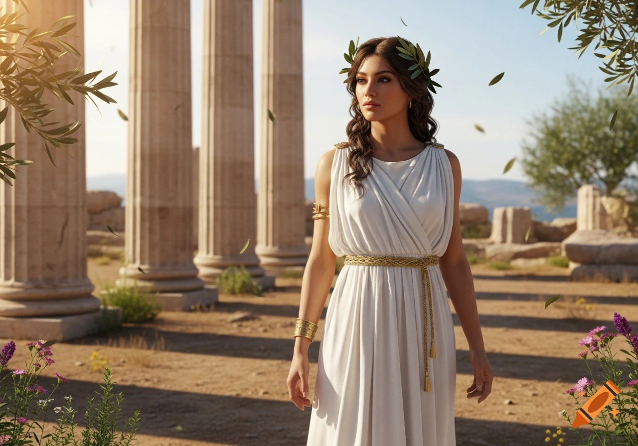 A photorealistic ancient Greek woman in a white chiton and olive wreath stands among stone pillars and olive trees under a sunny sky.
