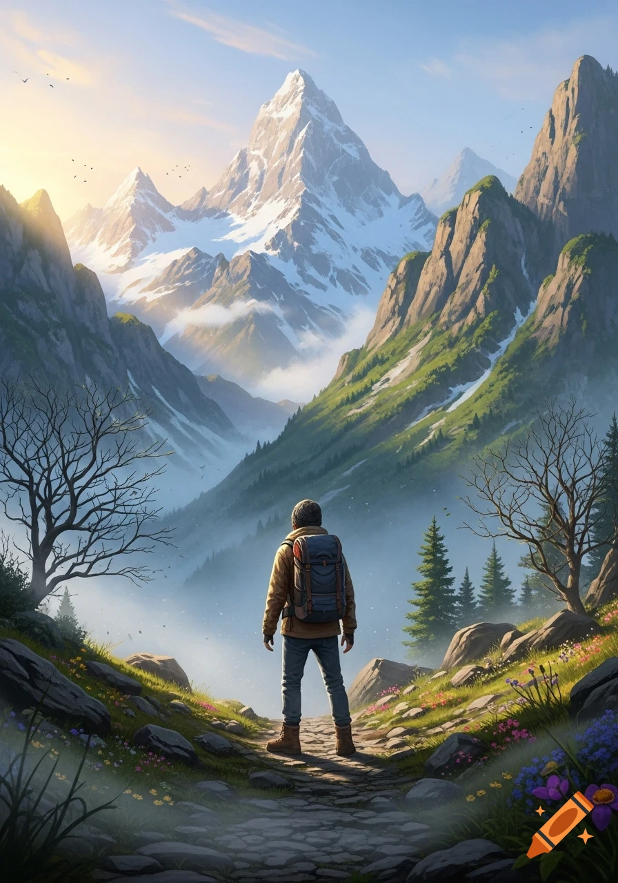 A lone hiker stands on a stone path, looking at a vast mountain range with snowy peaks and a glowing sunrise.