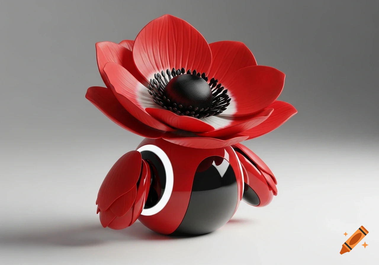 A stylized robot inspired by a red anemone flower, featuring glossy red petals, a dark textured center, and a smooth red and black spherical body.