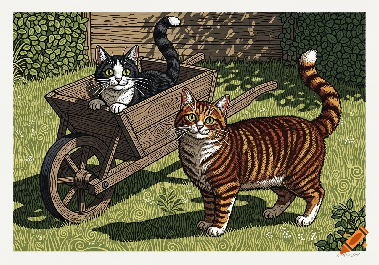 A linocut illustration of a black and white cat in a wheelbarrow and a striped ginger cat in a garden.