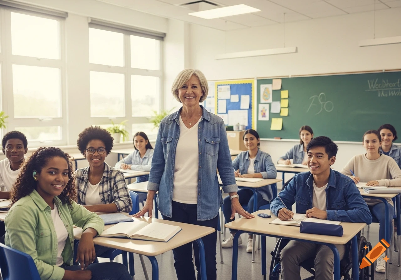 A smiling middle-aged teacher stands in a bright classroom with diverse high school students, some using hearing aids or a wheelchair.