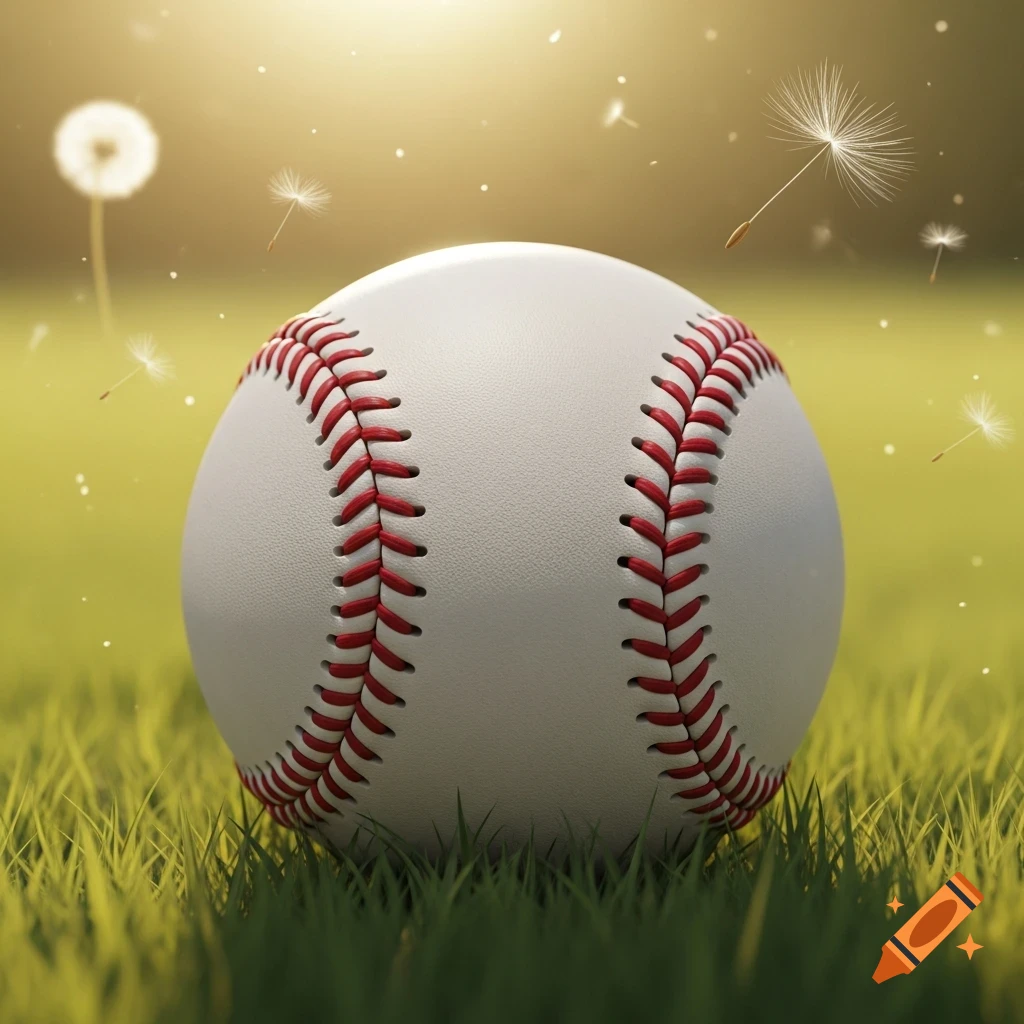 A close-up of a white baseball with red seams resting on green grass, with blurred dandelions and glowing light in the background.