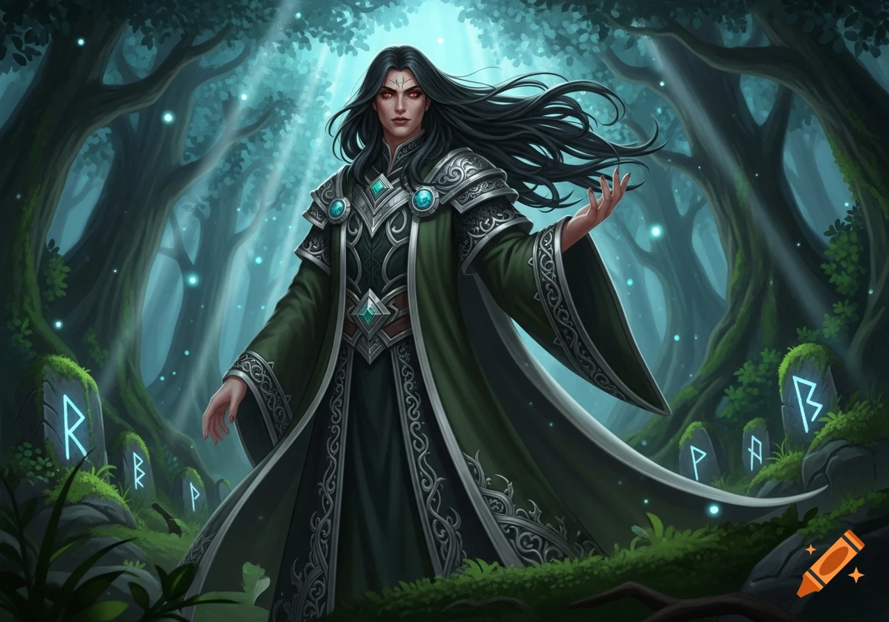 A female druid with long black hair and red eyes in a magical forest ...