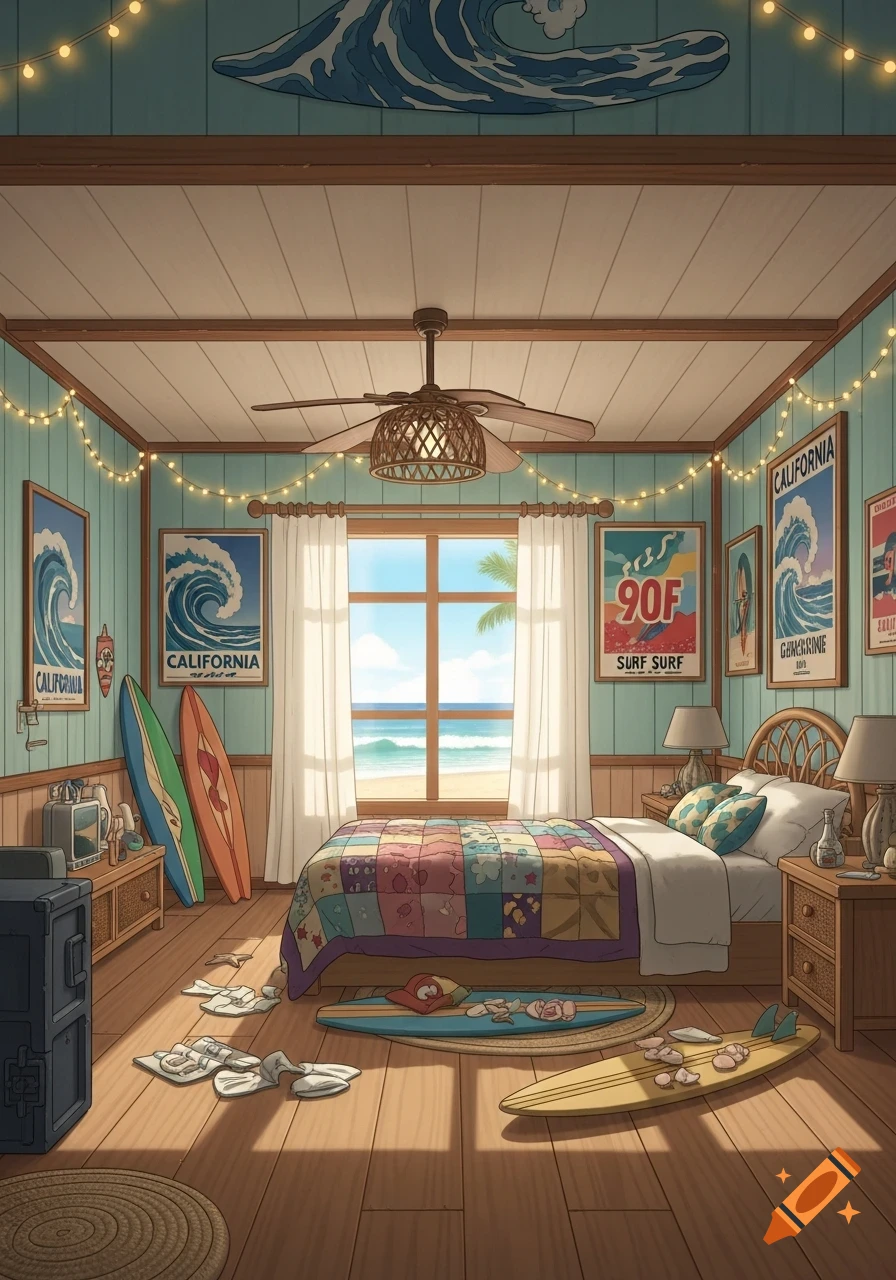 A charming cartoon beach house bedroom with surfboards, string lights, and a window overlooking the ocean.