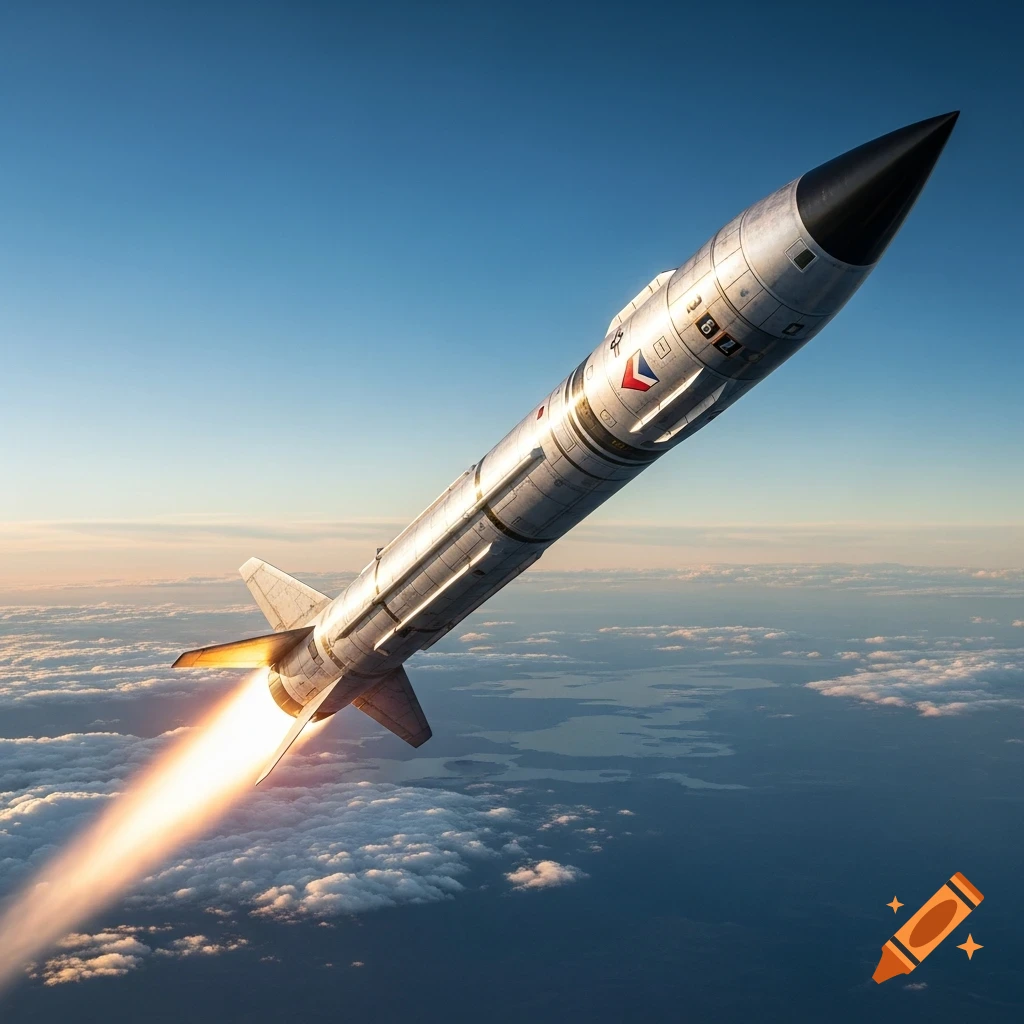 A large silver missile with fins and a black nose cone launching into a blue sky above clouds, leaving a fiery trail.
