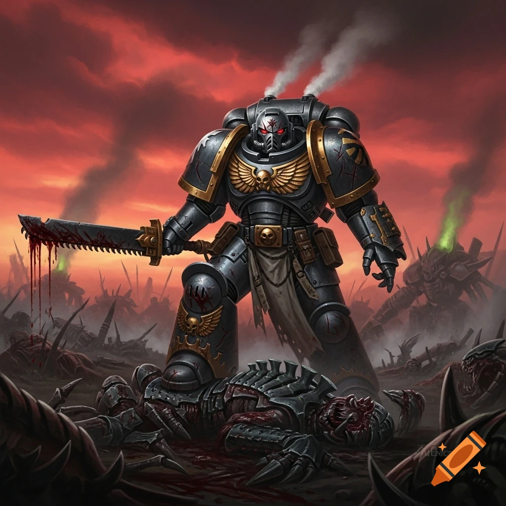 A heavily armored Space Marine stands on a grim battlefield over a defeated alien creature under a red sky, holding a bloody sword.