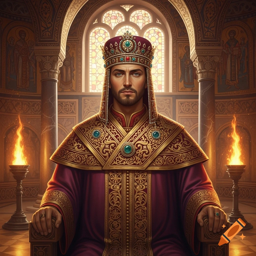 A regal man in a jeweled crown and ornate burgundy robe sits on a throne in a grand, torchlit hall with stained glass windows.
