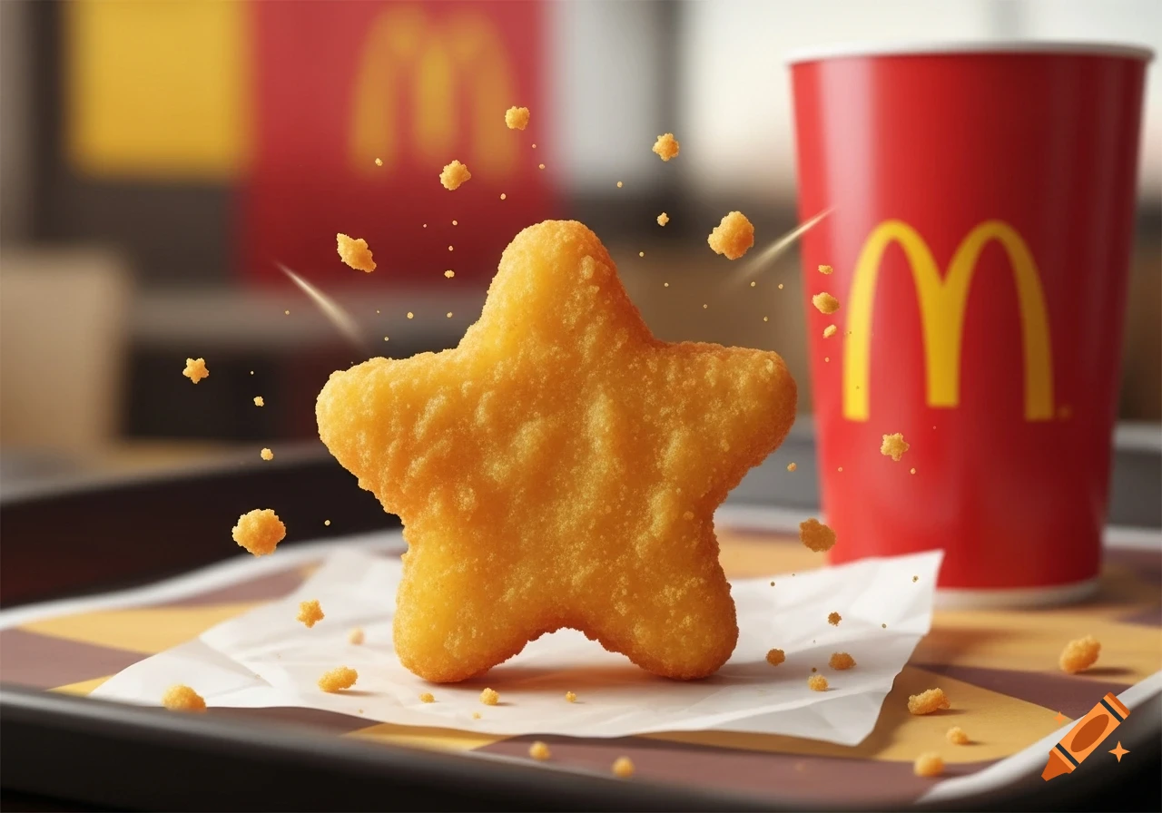 A golden, star-shaped chicken nugget with crumbs floating around it, a red McDonald's cup, and a blurred logo in the background.