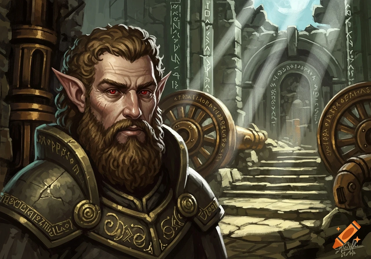 An impressionistic painting of a bearded elf-like lord with red eyes, wearing golden armor, in an ancient stone ruin with runes.