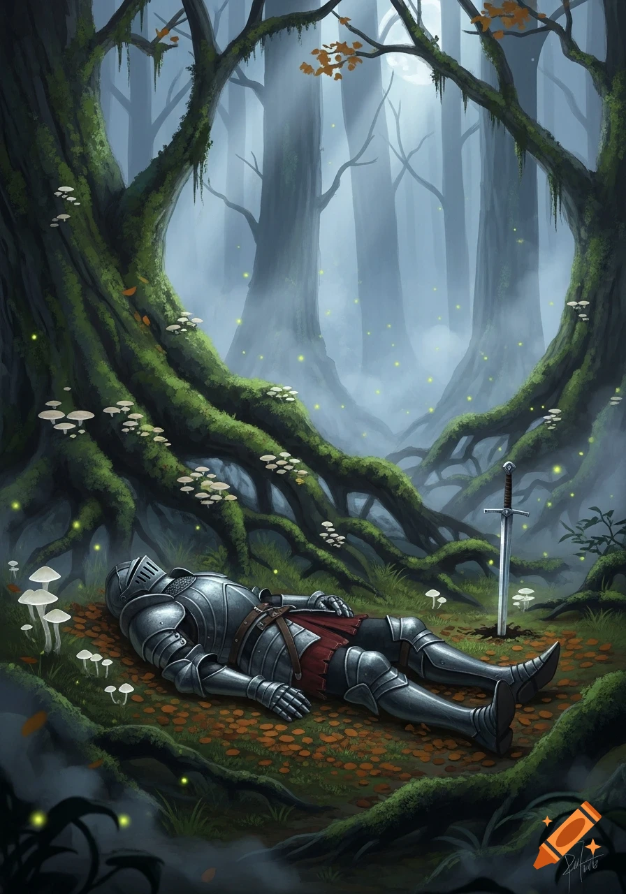 An armored knight lies on the mossy ground of a misty, gnarled fantasy forest, a sword plunged into the earth nearby.