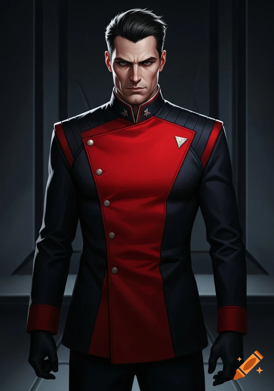 A stylized portrait of a serious man in a black and red military-style ...