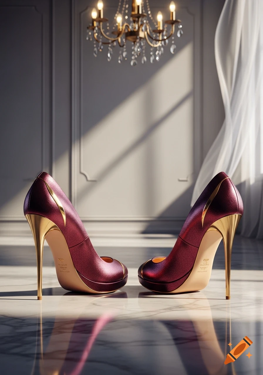 Two luxurious metallic burgundy and gold high heels on a marble floor in a grand room with a chandelier, illuminated by sunlight.
