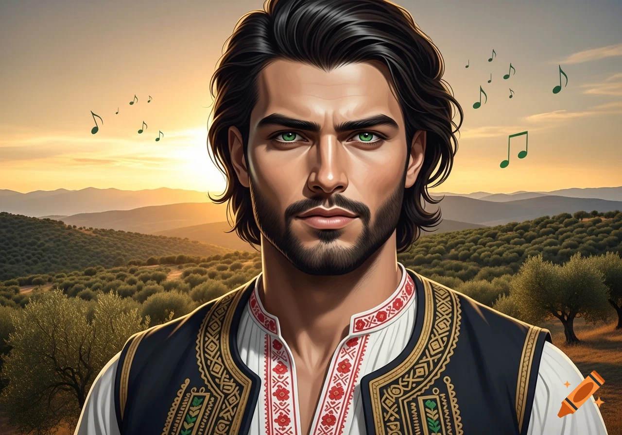 Digital art portrait of a dark-haired man with green eyes and a beard in traditional embroidered clothing, standing in an olive grove at sunset with musical notes.
