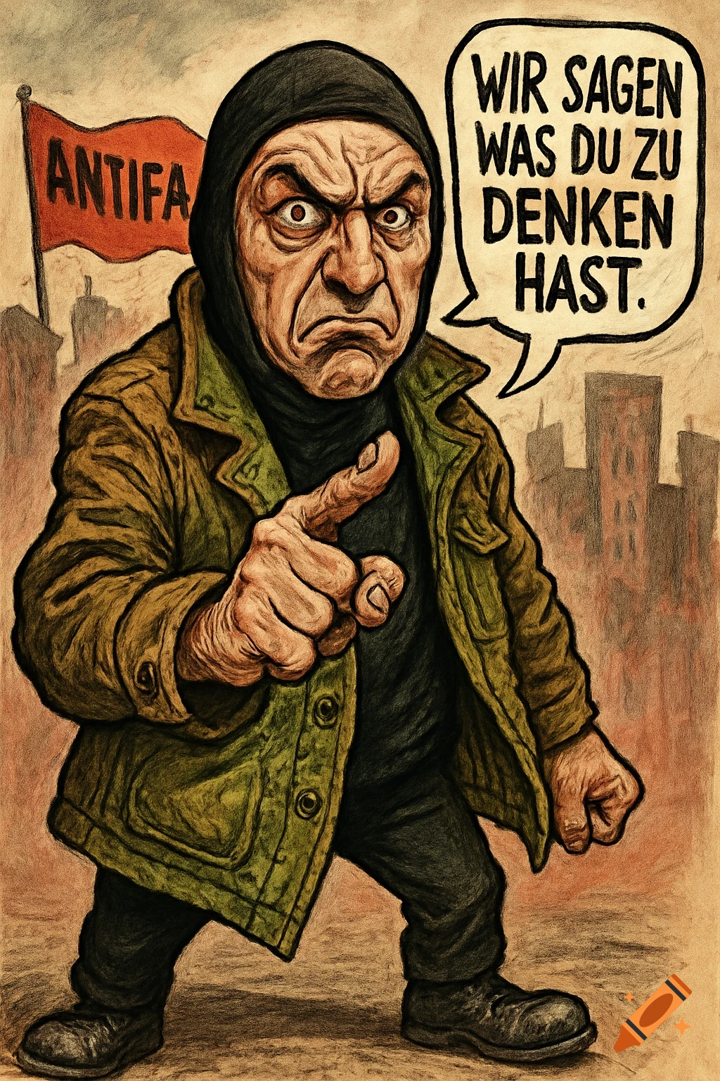 A political caricature of an angry man wearing a dark hood and a green jacket, pointing his finger, with an 'ANTIFA' flag in the background and a speech bubble reading 'Wir sagen was du zu denken hast.'