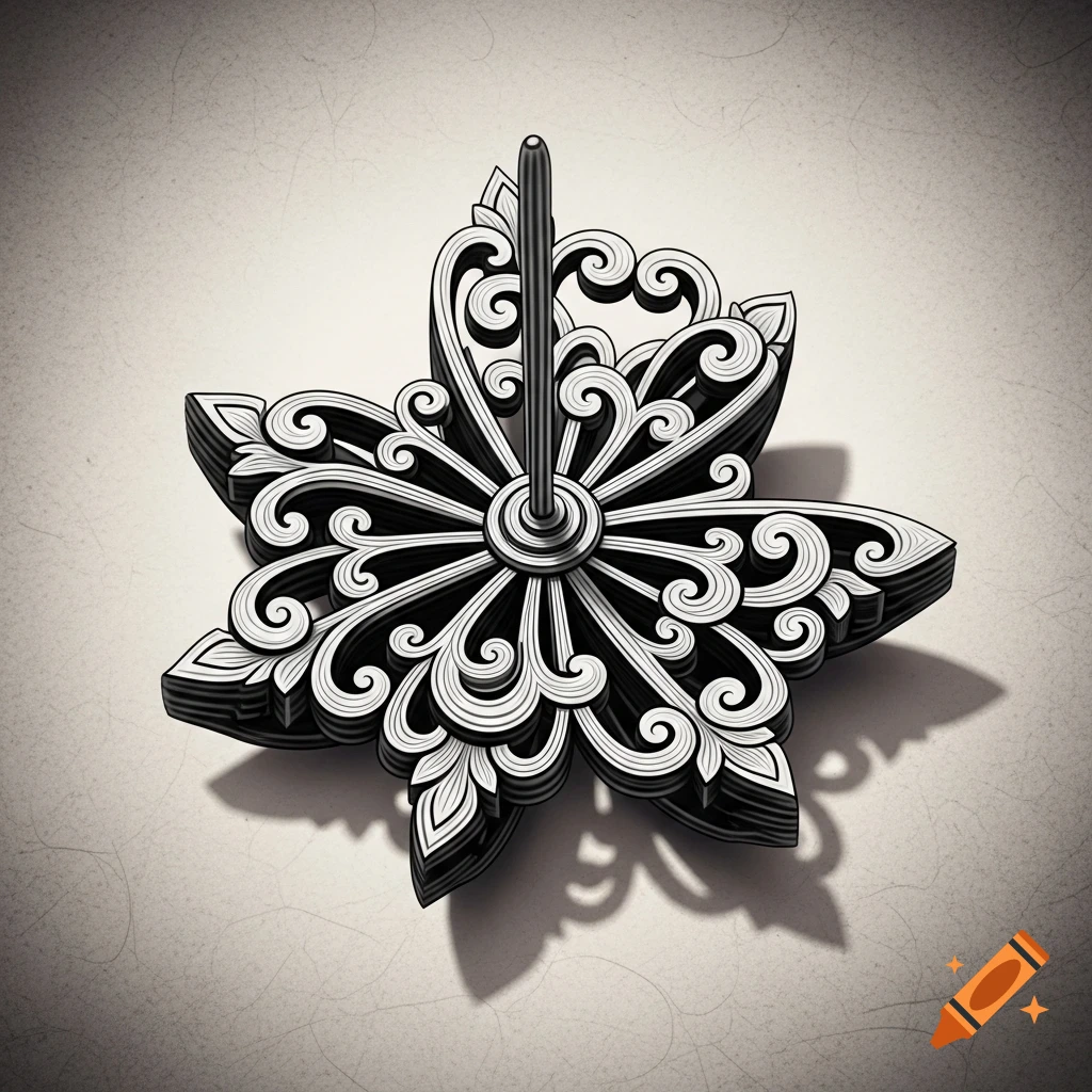 Ornate black and white decorative pin with intricate scrollwork, layered design, casting a shadow on a textured light background.