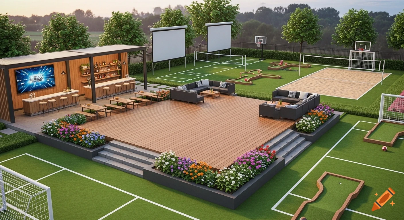 An aerial view of a modern outdoor party and recreation area with a bar, wooden deck, seating, volleyball court, soccer goals, basketball hoops, and mini-golf.