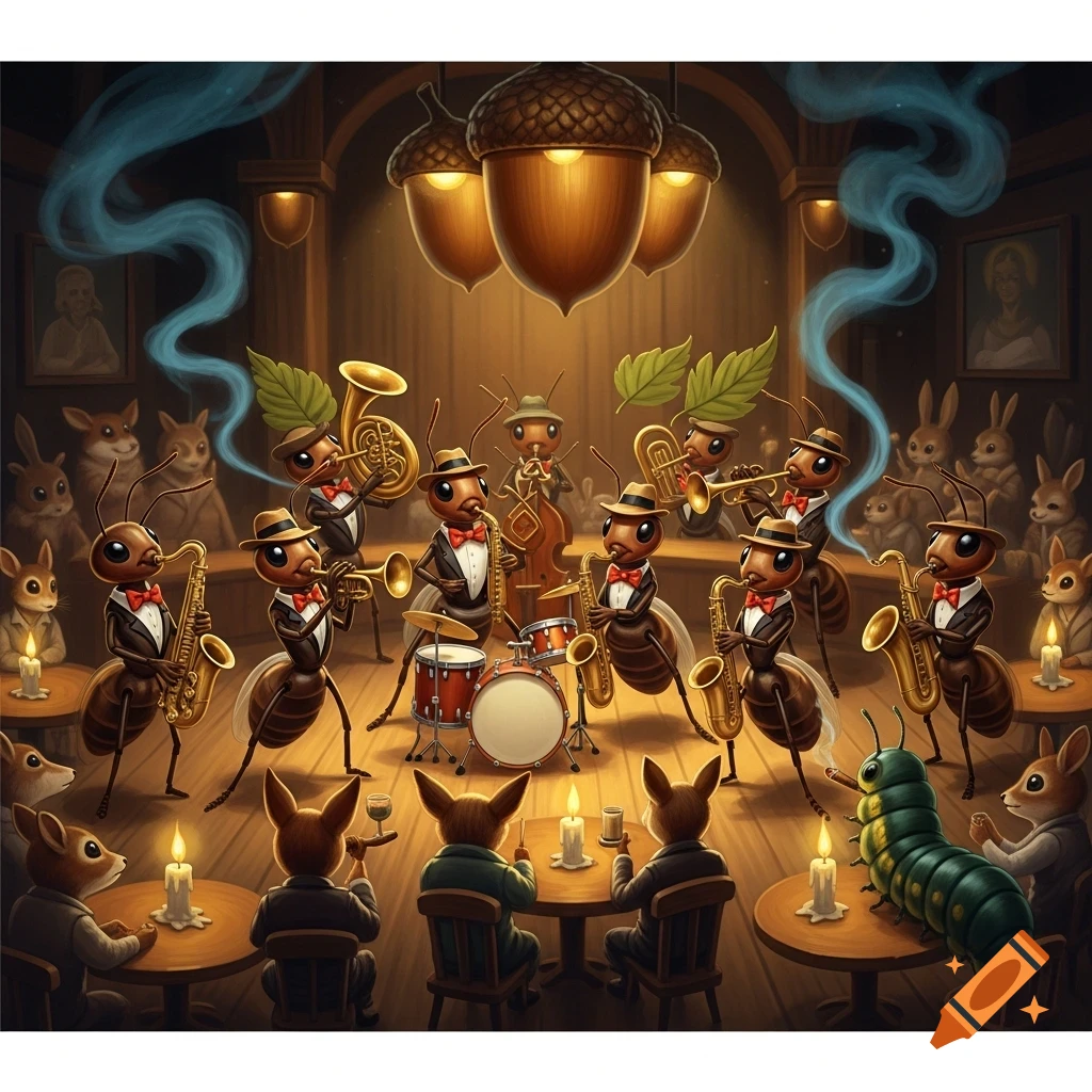 Whimsical cartoon of anthropomorphic ants playing jazz instruments in a dimly lit club, watched by rabbits, squirrels, and a caterpillar.
