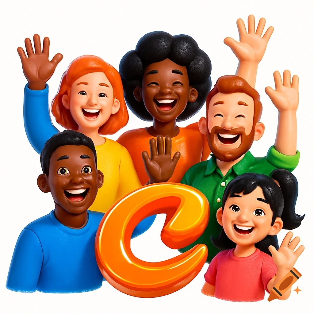 A cheerful group of diverse 3D cartoon characters, including adults and children, smiling and waving, with a prominent orange letter 'C' in the foreground.