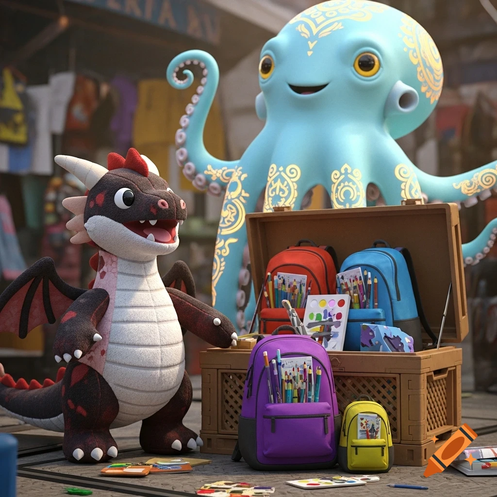 A happy plush dragon stands by an open crate of art supply backpacks, with a smiling blue octopus behind at a market stall.