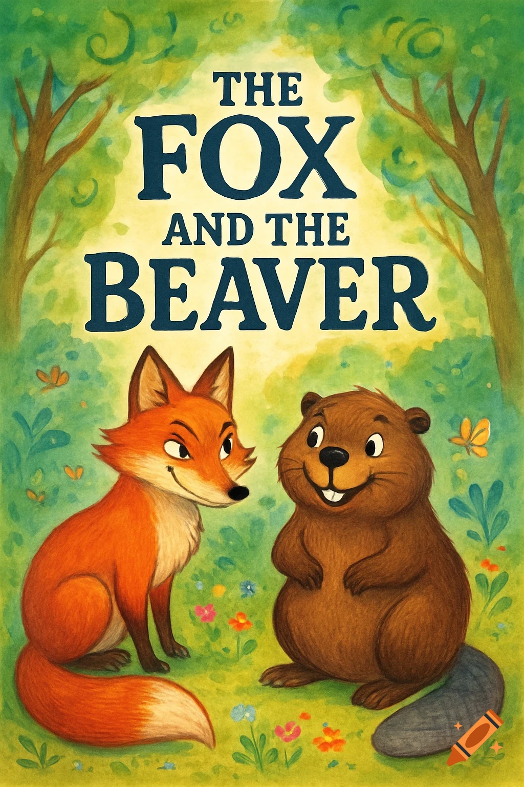 Children's book cover featuring a sly fox and a slick beaver in a forest clearing, with the title "THE FOX AND THE BEAVER".