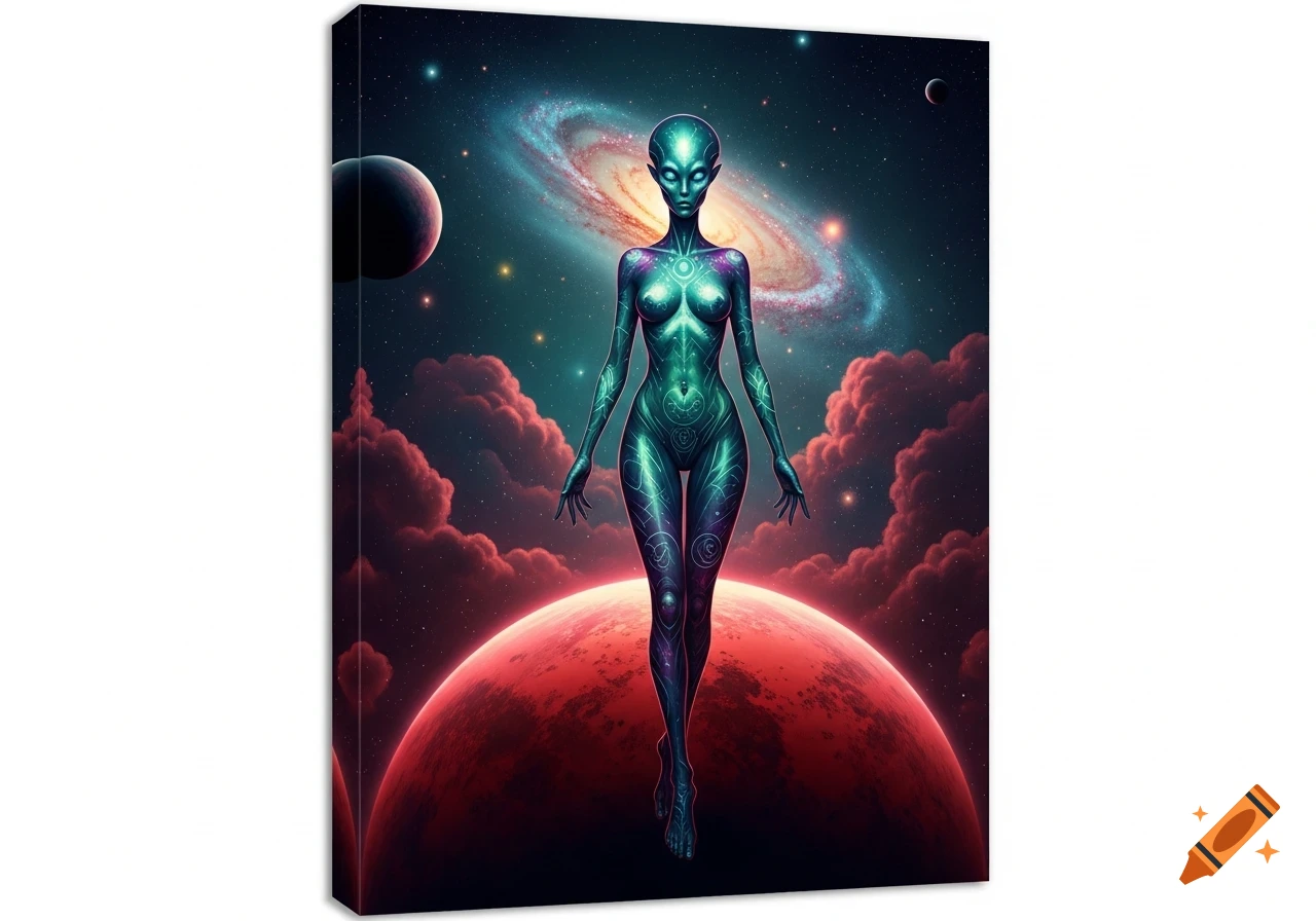 A vibrant green alien woman with glowing eyes stands on a red planet in outer space, with a galaxy and red clouds in the background.