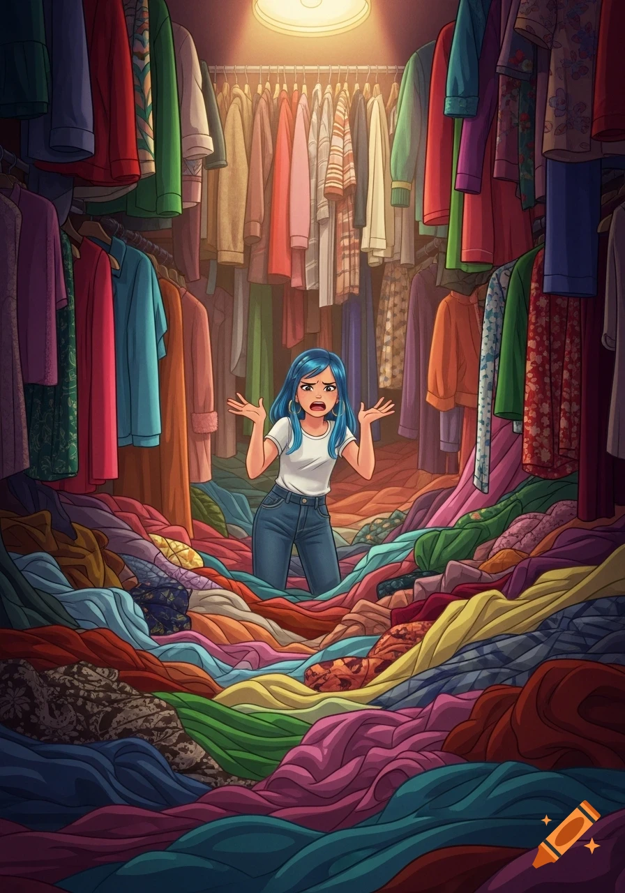 A cartoon woman with blue hair stands in a chaotic closet, overwhelmed by a mountain of colorful clothes piled around her.