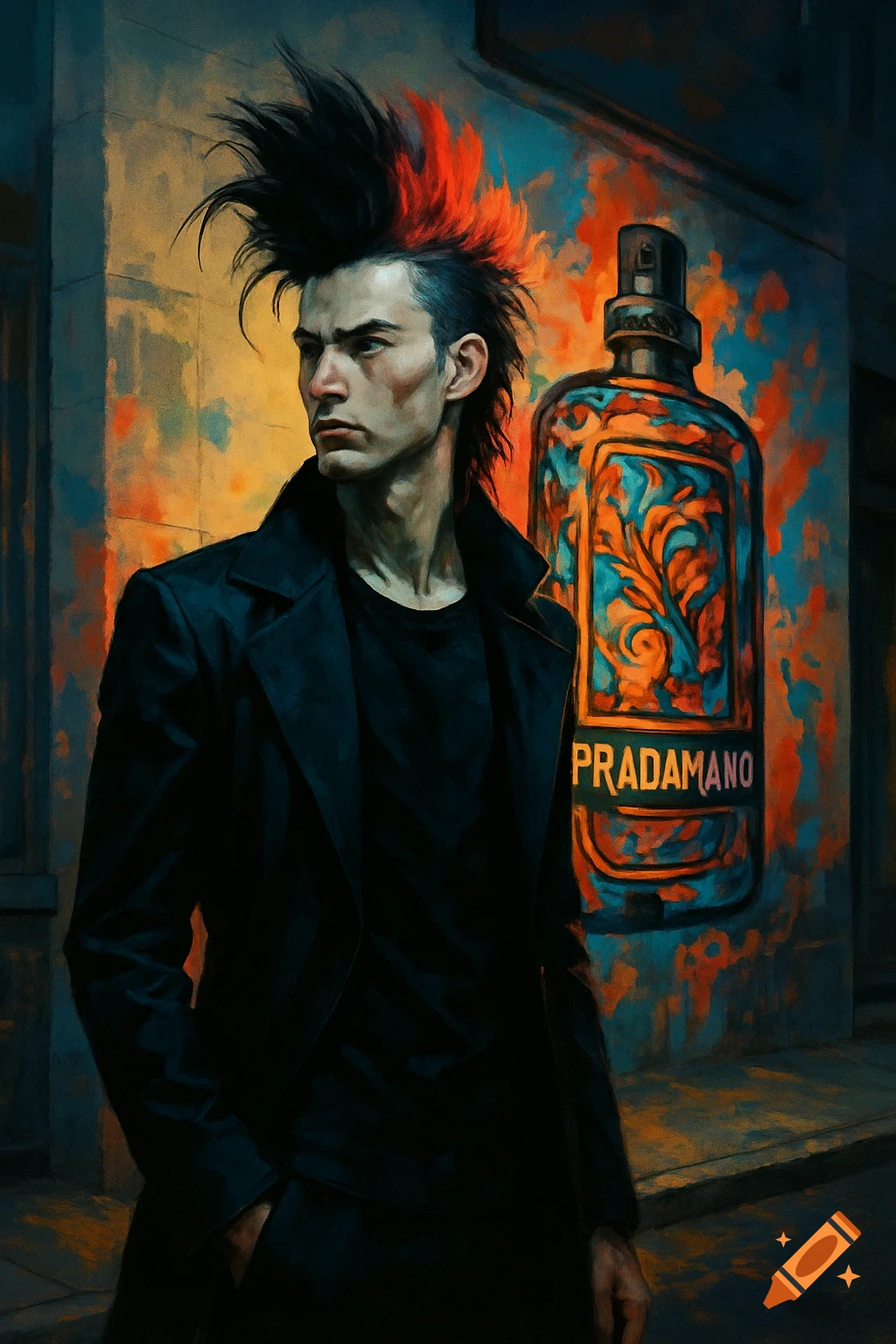 Digital painting of a punk man with spiky black and red hair, standing by a wall with colorful graffiti of a perfume bottle.