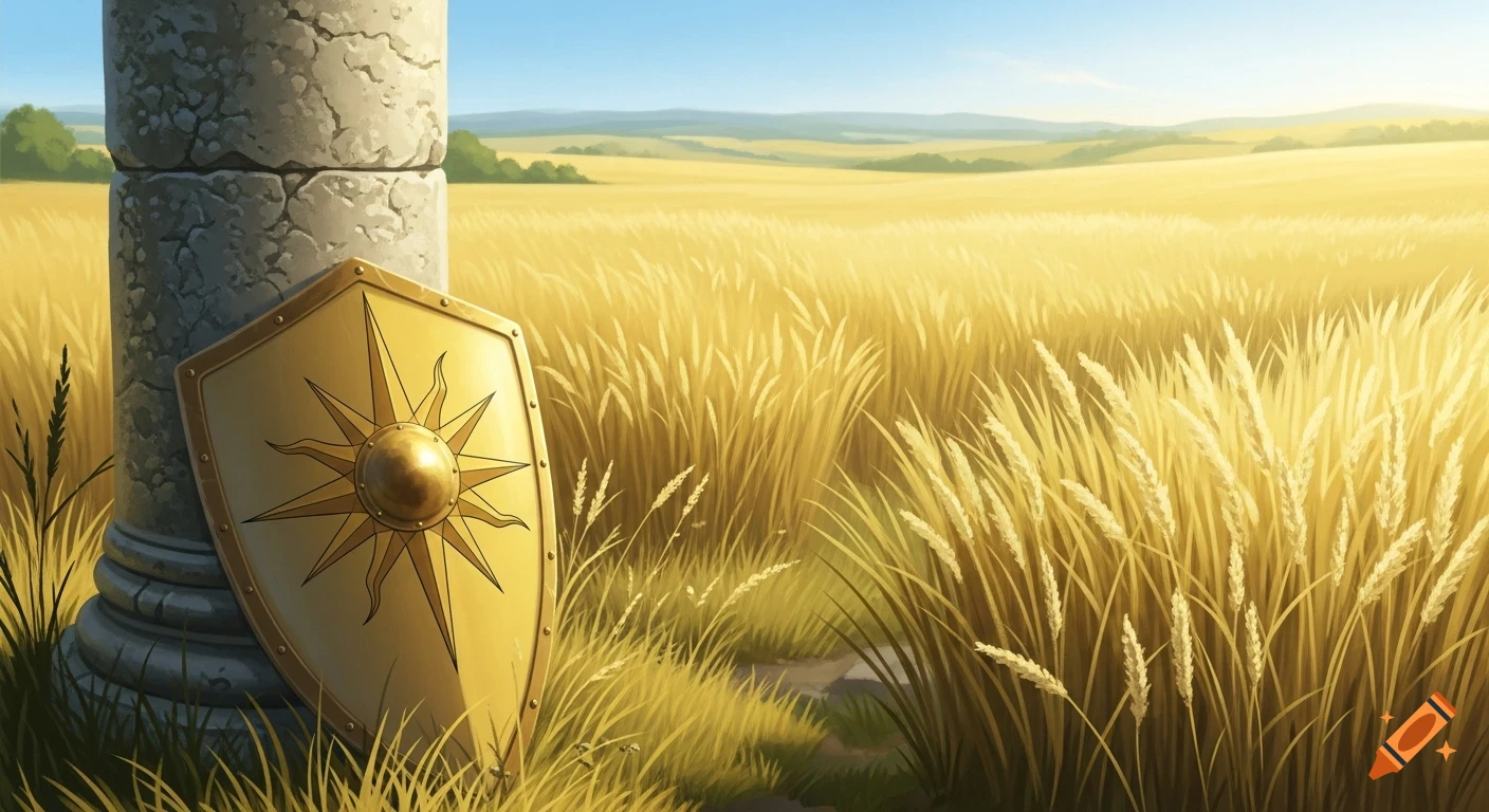 A golden shield with a sun star design leans against a stone pillar in a sun-drenched field of tall yellow grass under a clear blue sky.