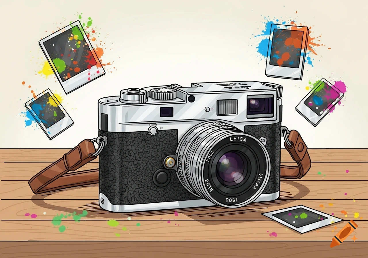 A comic-style illustration of a Leica camera with a shoulder strap surrounded by polaroid photos and colorful paint splatters on a wooden table.