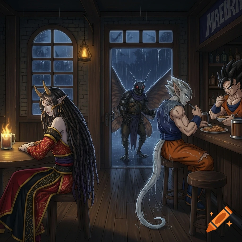 A dark, gloomy fantasy tavern on a rainy night, featuring a half-oni woman, a moth creature, and two anime-style men.