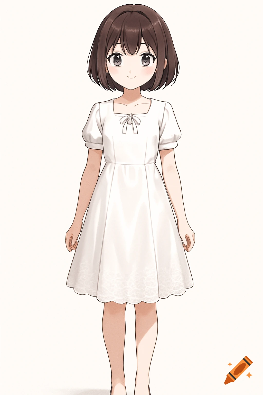 An anime girl with short bob hair, wearing a white dress, standing against a white background.