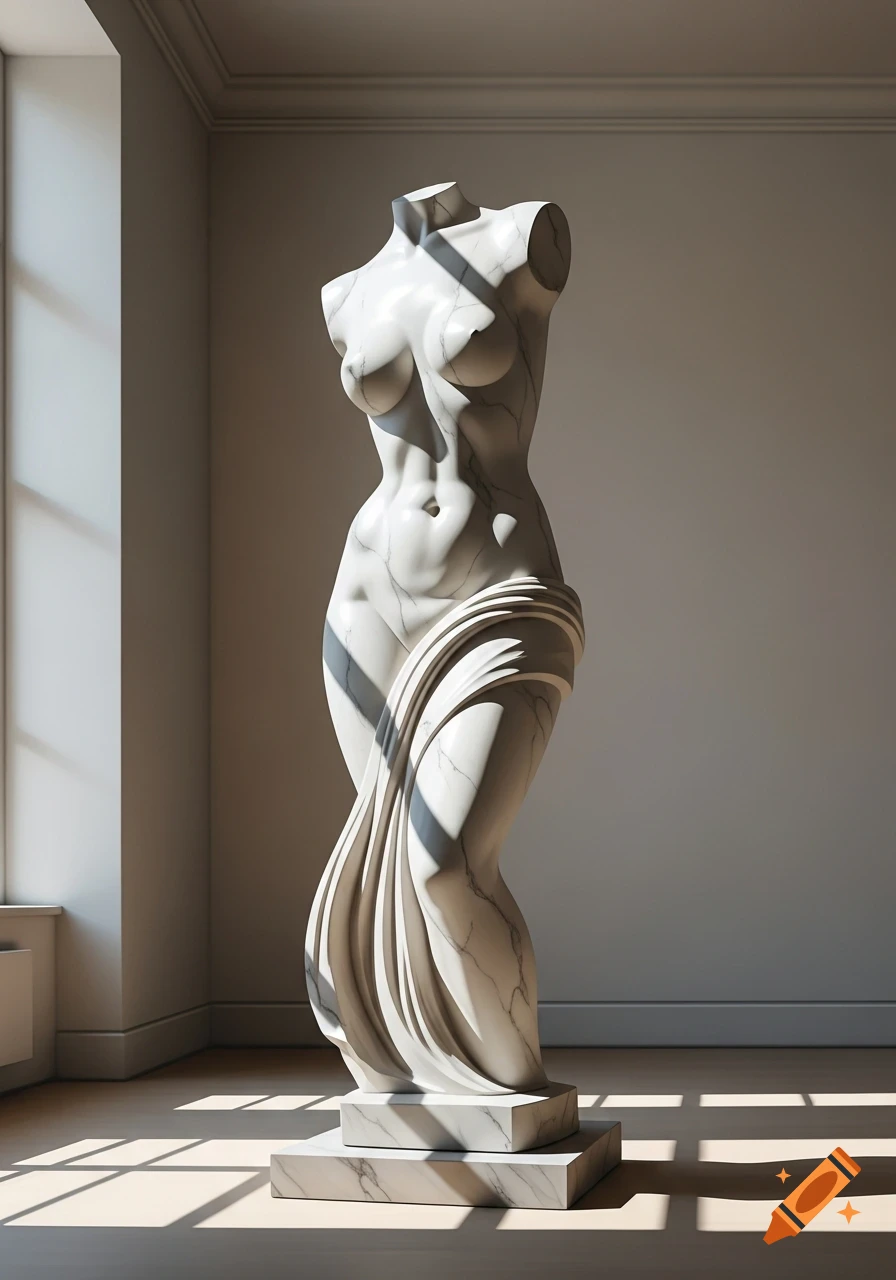 Photorealistic marble statue of a headless female torso draped in cloth, standing in a sunlit room with window shadows.