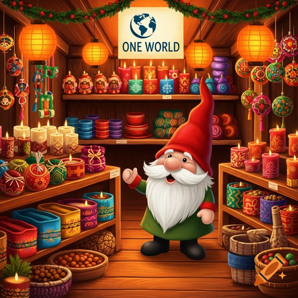 A friendly Christmas gnome with a red hat and white beard stands in a festive 'One World' fair trade shop, surrounded by colorful candles and ornaments.