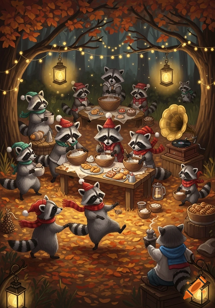 Whimsical illustration of raccoons baking and dancing in an autumn forest party with string lights.