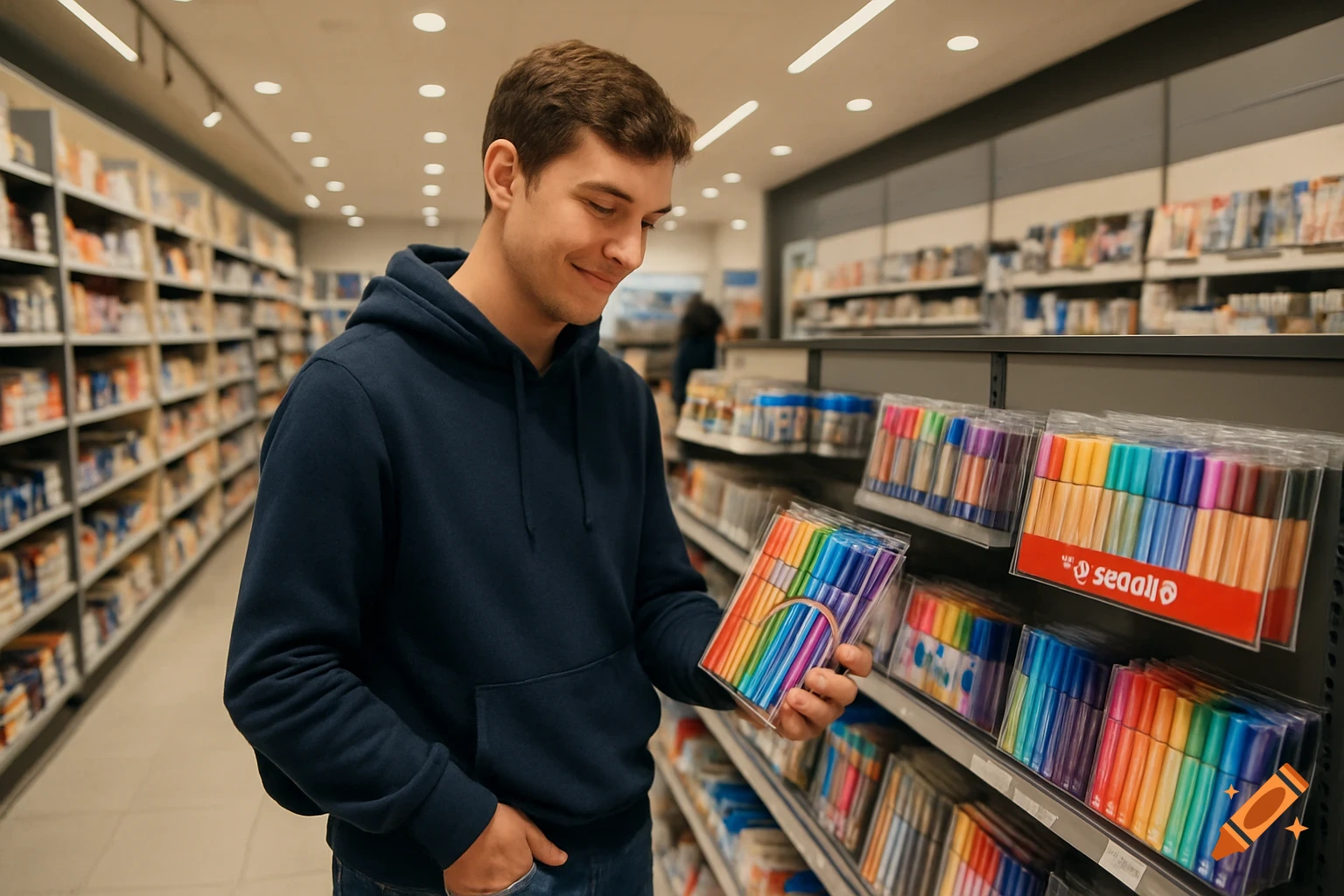 A young man smiling while holding a pack of colorful pens in a brightly lit stationery store.