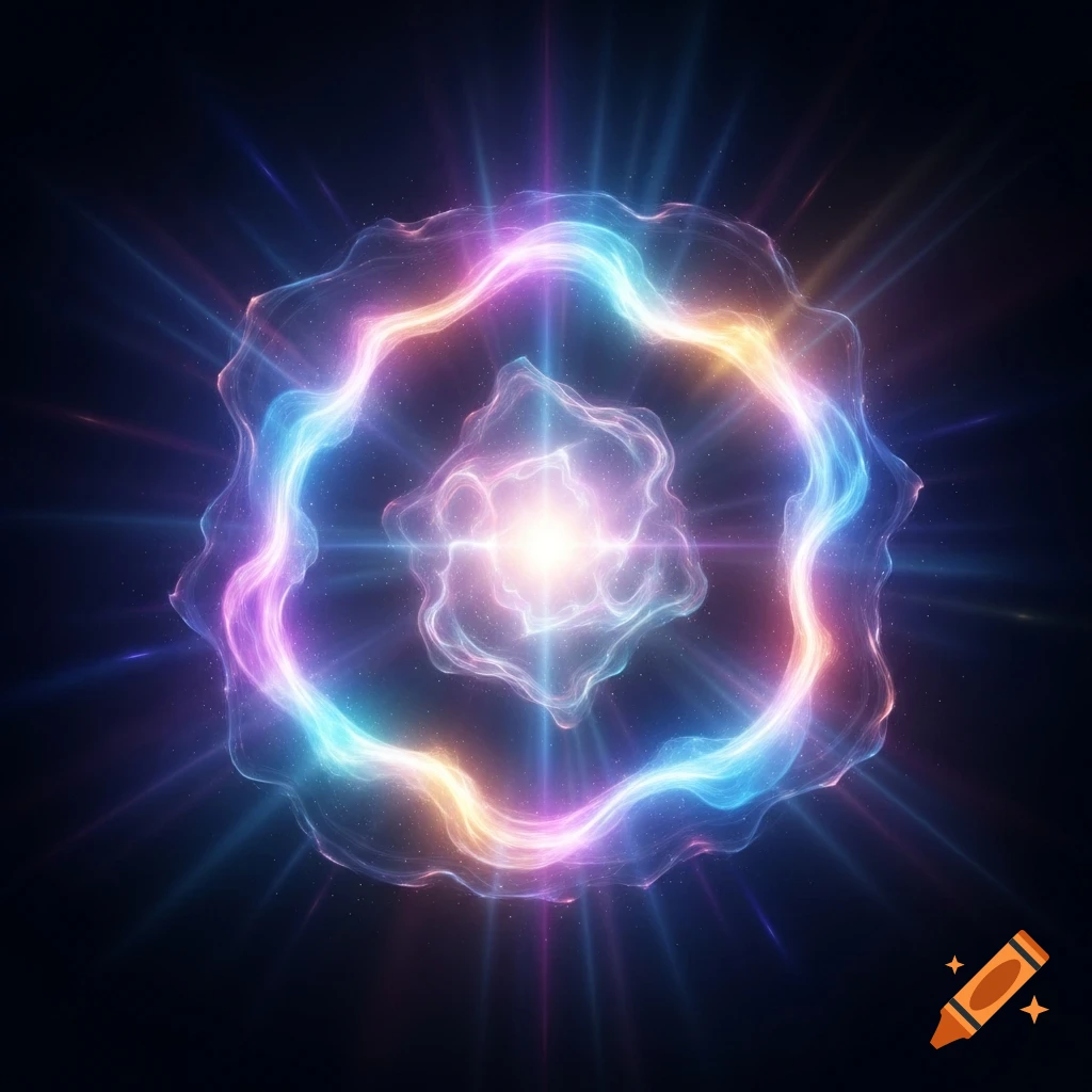 A vibrant, abstract light formation resembling an aura or nebula, with glowing pink, blue, and orange colors radiating outwards against a dark background.