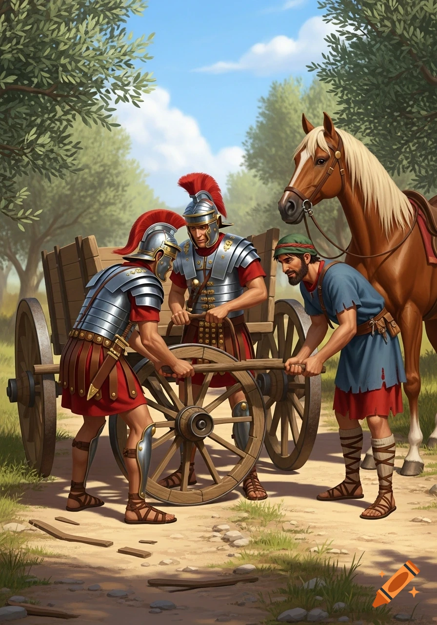 Two Roman soldiers and a peasant fix a broken wagon wheel on a rural road, with a horse standing nearby, in an illustrative style.