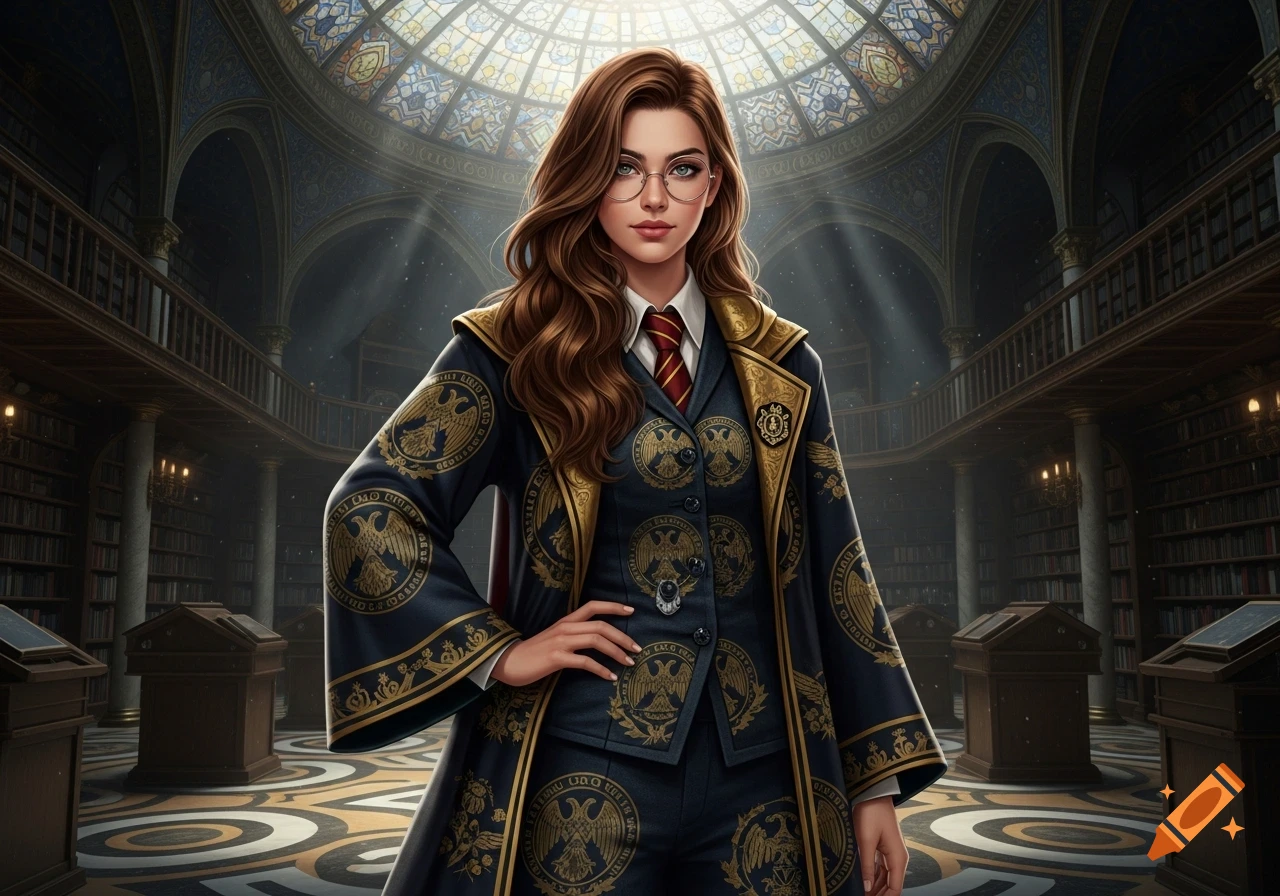 A photorealistic image of a beautiful wizard girl with glasses, wearing a navy and gold uniform adorned with eagle heraldry, in a grand library.