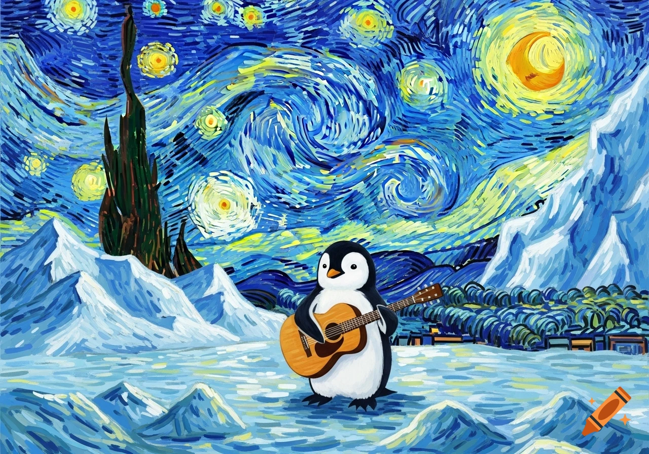 A cartoon penguin plays a guitar in a snowy landscape under a Van Gogh-style starry night sky.