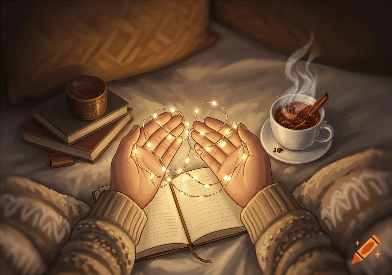 Cozy illustration of hands holding glowing string lights over an open book, with a steaming tea cup and stacked books.