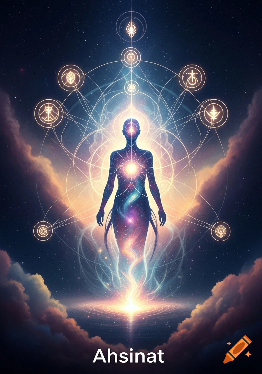 A glowing, ethereal figure centered in a cosmic background with intricate light patterns, spiritual symbols, and 'Ahsinat' text.