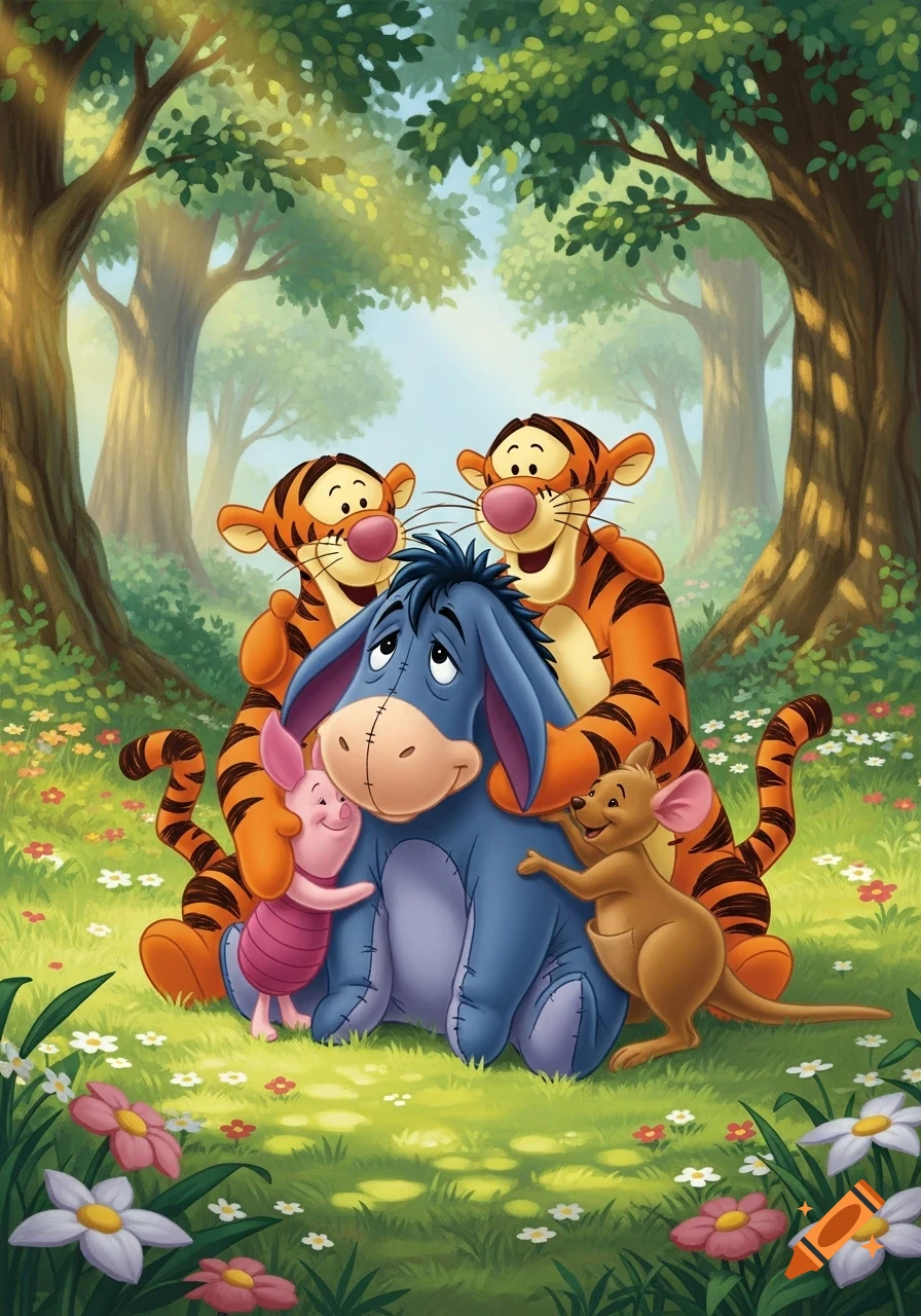 Piglet, Roo, and two Tiggers hug Eeyore in a bright, lush cartoon forest clearing with wildflowers.